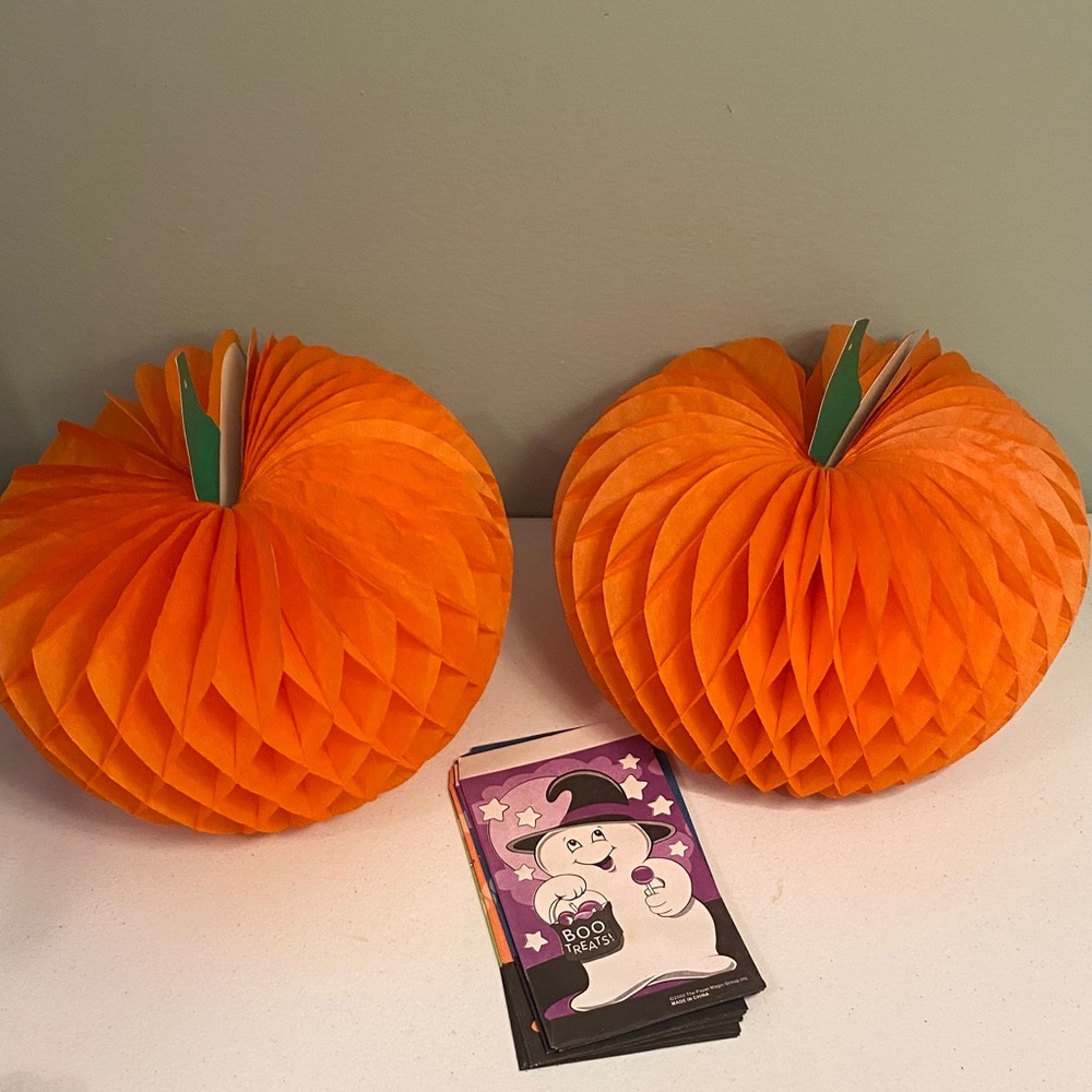 Vintage Orange Honeycomb Pumpkin Decorations and Halloween Treat Bags